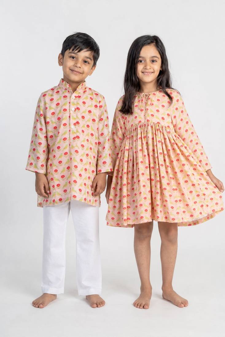 Peach printed cotton dress & kurta pant brother sister matching combo