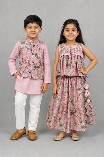 Blush pink embroidered chanderi lehenga choli & kurta jacket brother sister matching combo