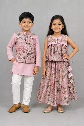 Blush pink embroidered chanderi lehenga choli & kurta jacket brother sister matching combo