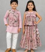 Blush pink embroidered chanderi lehenga choli & kurta jacket brother sister matching combo