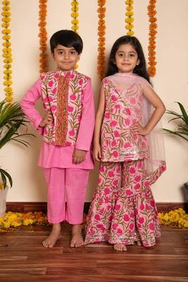 Pink handwoven cotton sharara set & kurta jacket brother sister matching combo 1