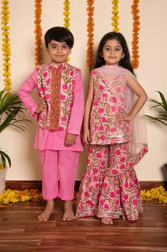Pink handwoven cotton sharara set & kurta jacket brother sister matching combo