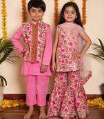 Pink handwoven cotton sharara set & kurta jacket brother sister matching combo