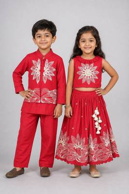 Red embroidered silk lehenga choli & kurta jacket brother sister matching combo 1