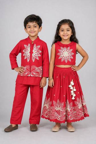 Red embroidered silk lehenga choli & kurta jacket brother sister matching combo