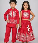 Red embroidered silk lehenga choli & kurta jacket brother sister matching combo