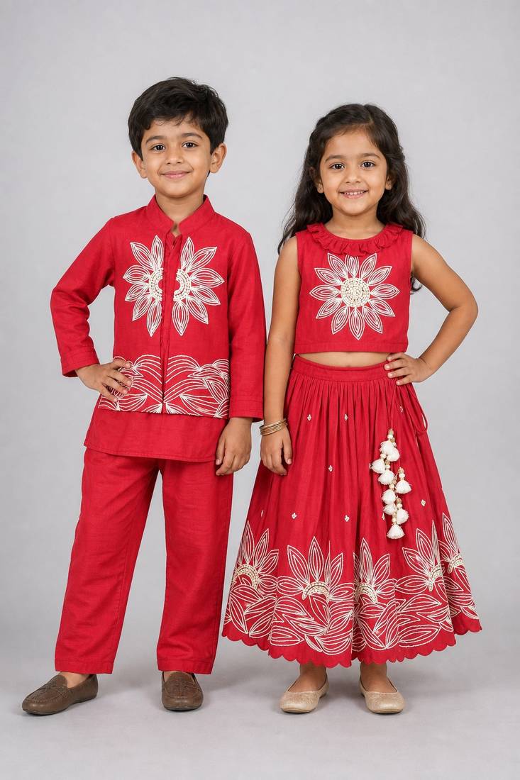 Red embroidered silk lehenga choli & kurta jacket brother sister matching combo
