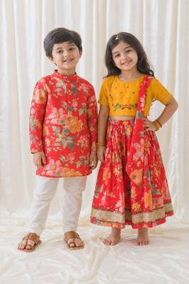 Red embroidered & printed chanderi silk lehenga choli & kurta pant brother sister matching combo 1