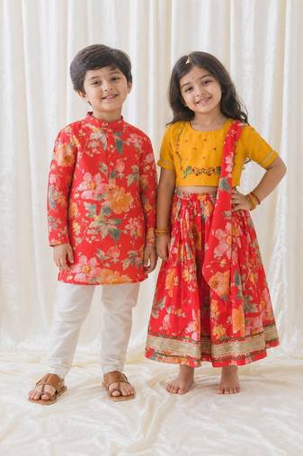 Red embroidered & printed chanderi silk lehenga choli & kurta pant brother sister matching combo