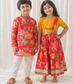 Red embroidered & printed chanderi silk lehenga choli & kurta pant brother sister matching combo