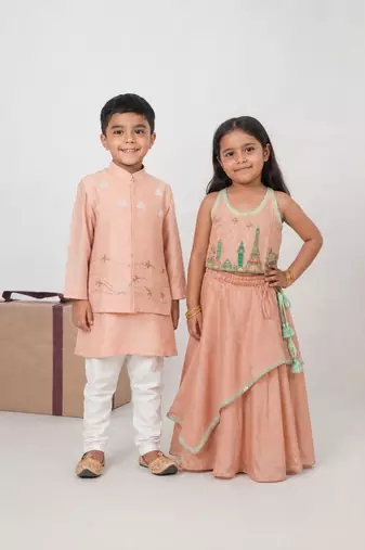 Onion pink embroidered cotton lehenga choli & kurta jacket brother sister matching combo