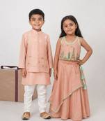 Onion pink embroidered cotton lehenga choli & kurta jacket brother sister matching combo