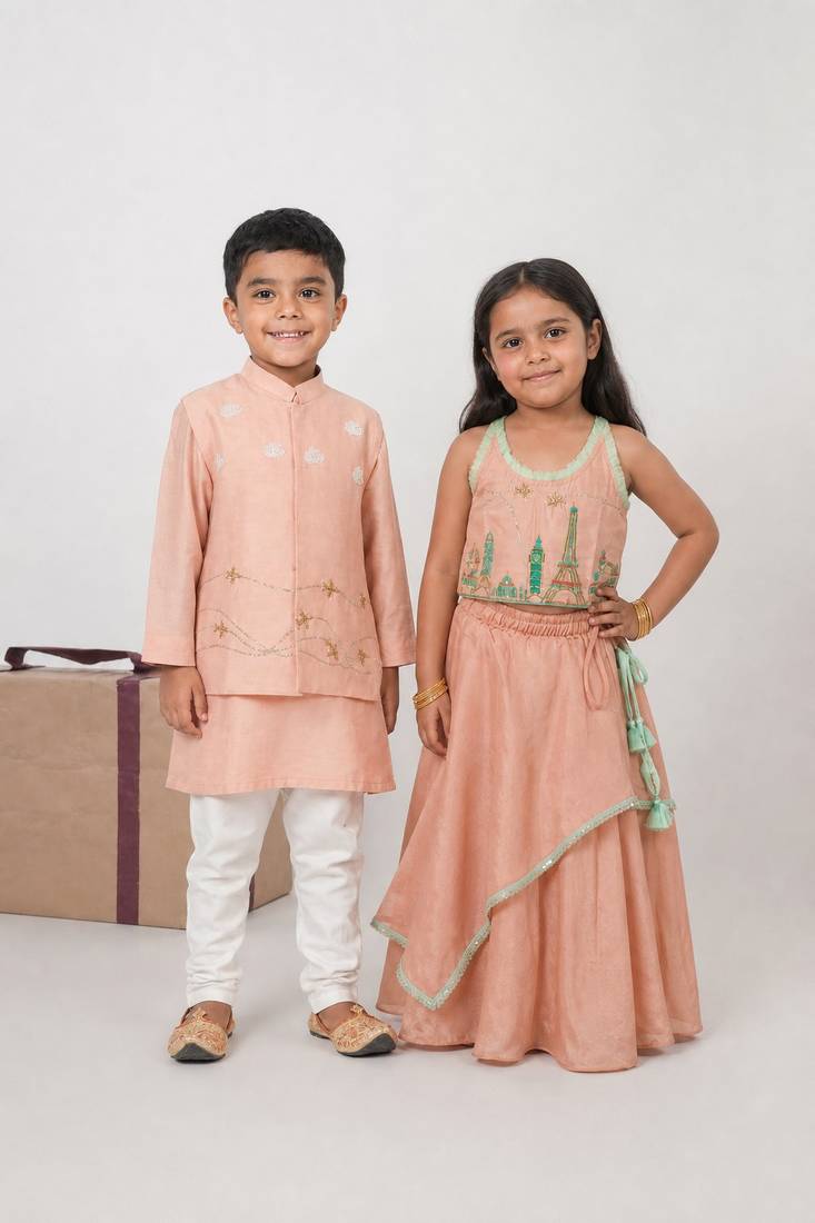 Onion pink embroidered cotton lehenga choli & kurta jacket brother sister matching combo
