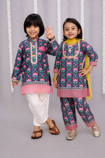 Blue printed cotton silk kurta set & kurta pant brother sister matching combo