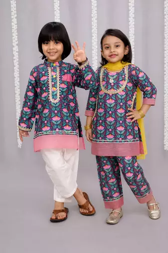Blue printed cotton silk kurta set & kurta pant brother sister matching combo