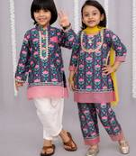 Blue printed cotton silk kurta set & kurta pant brother sister matching combo