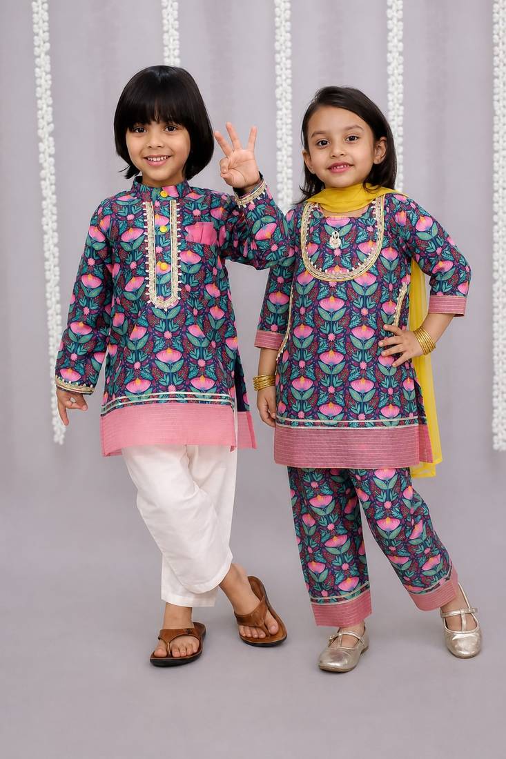 Blue printed cotton silk kurta set & kurta pant brother sister matching combo