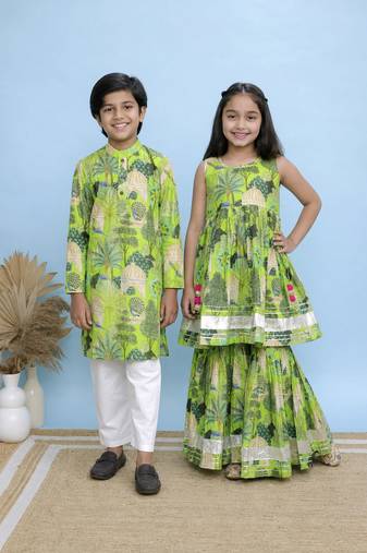 Green printed cotton sharara set & kurta pyjama brother sister matching combo