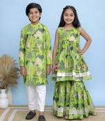 Green printed cotton sharara set & kurta pyjama brother sister matching combo