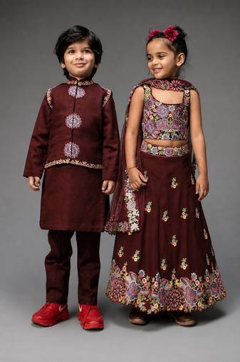 Maroon embroidered organza lehenga choli & kurta jacket brother sister matching combo