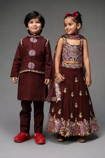 Maroon embroidered organza lehenga choli & kurta jacket brother sister matching combo