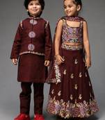 Maroon embroidered organza lehenga choli & kurta jacket brother sister matching combo