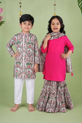 Pink & white woven cotton sharara set & kurta pant brother sister matching combo 1