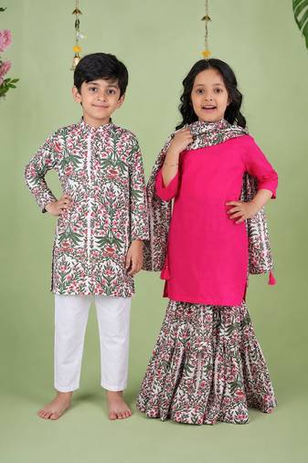 Pink & white woven cotton sharara set & kurta pant brother sister matching combo