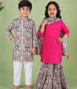 Pink & white woven cotton sharara set & kurta pant brother sister matching combo