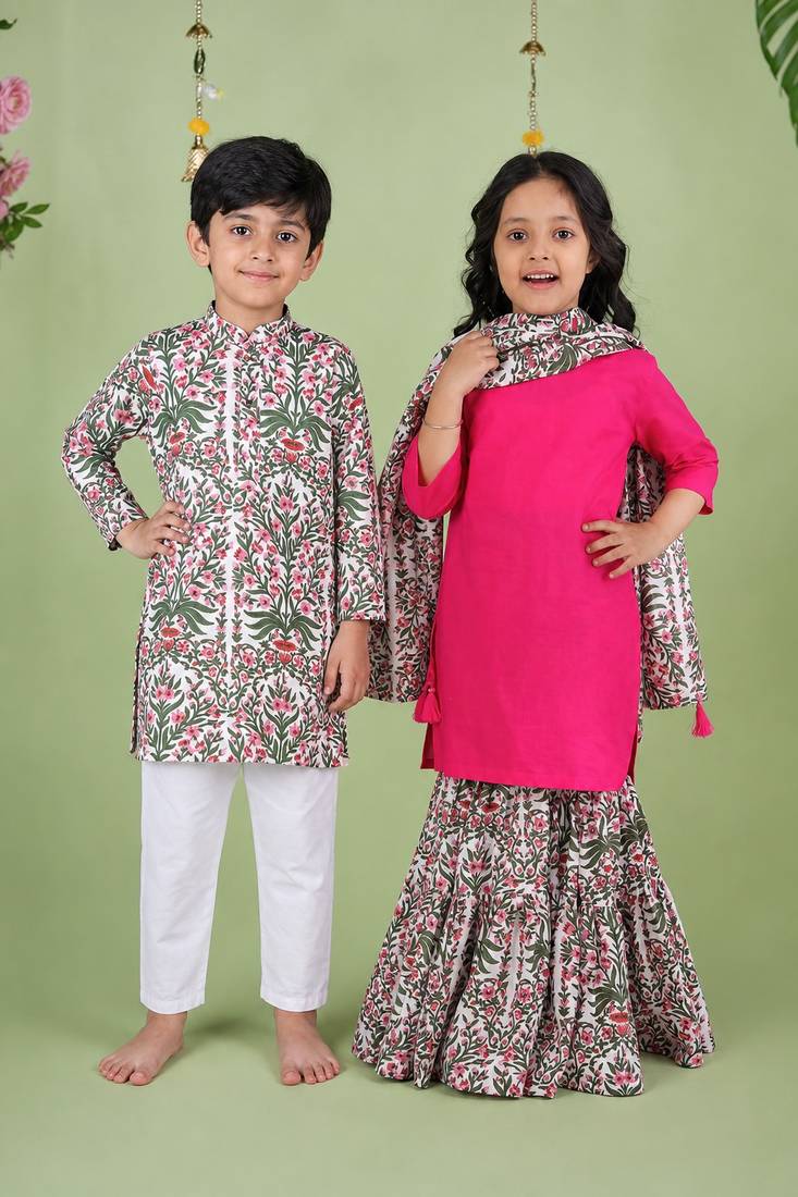 Pink & white woven cotton sharara set & kurta pant brother sister matching combo