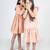 Peach printed cotton dress & kurta pant brother sister matching combo