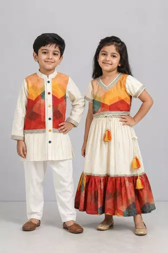 Multicolor printed cotton silk lehenga choli & kurta pyjama brother sister matching combo