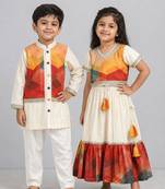 Multicolor printed cotton silk lehenga choli & kurta pyjama brother sister matching combo