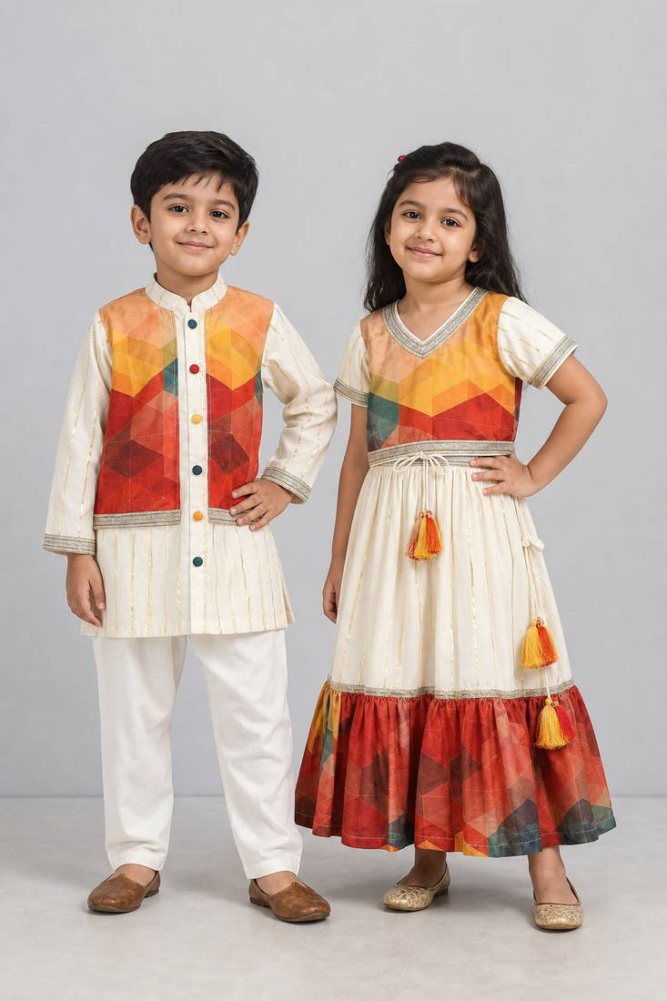 Multicolor printed cotton silk lehenga choli & kurta pyjama brother sister matching combo