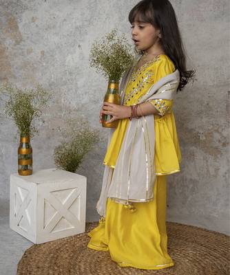 Yellow handwoven cotton sharara set & bandhgala brother sister matching combo 2