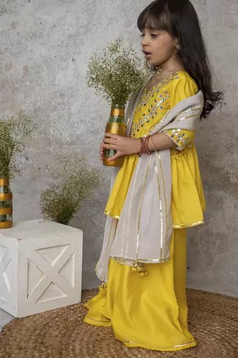 Yellow handwoven cotton sharara set & bandhgala brother sister matching combo