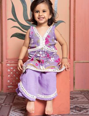 Purple embroidered & printed linen & silk co-ord set & kurta pyjama brother sister matching combo 2