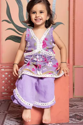 Purple embroidered & printed linen & silk co-ord set & kurta pyjama brother sister matching combo