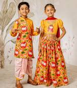 Mustard & red sequinned & solid muslin lehenga choli & dhoti kurta brother sister matching combo