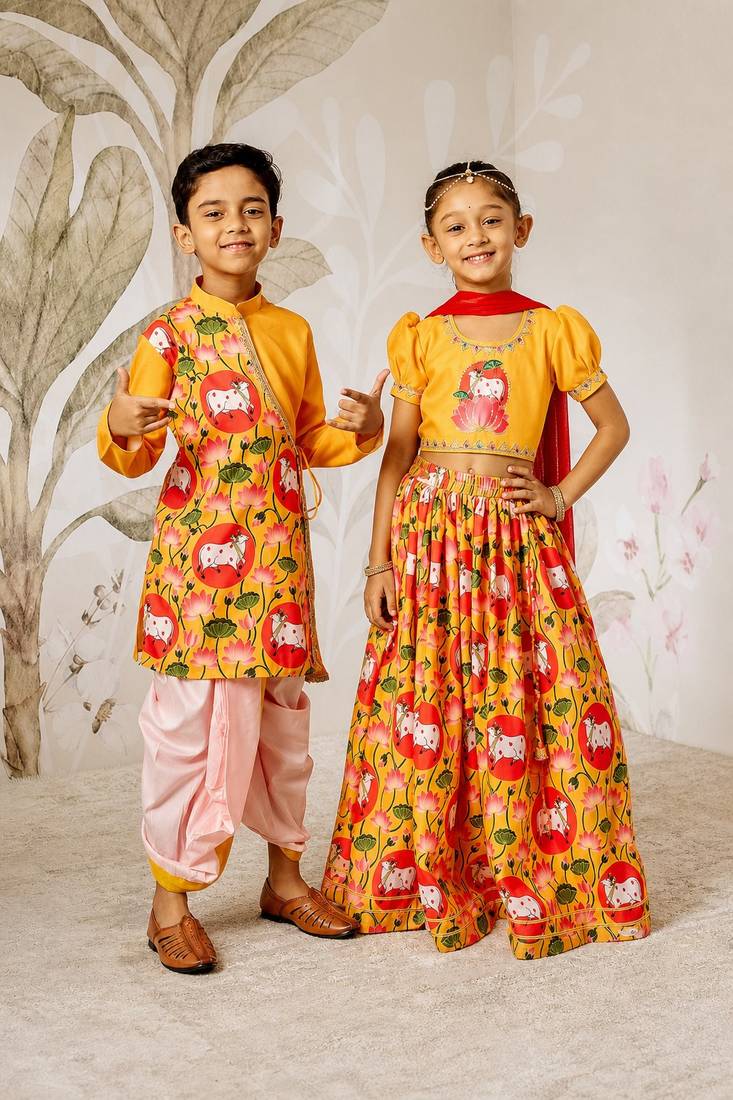 Mustard & red sequinned & solid muslin lehenga choli & dhoti kurta brother sister matching combo