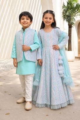 Blue & ice blue mirror work georgette anarkali set & kurta jacket brother sister matching combo 1
