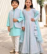 Blue & ice blue mirror work georgette anarkali set & kurta jacket brother sister matching combo