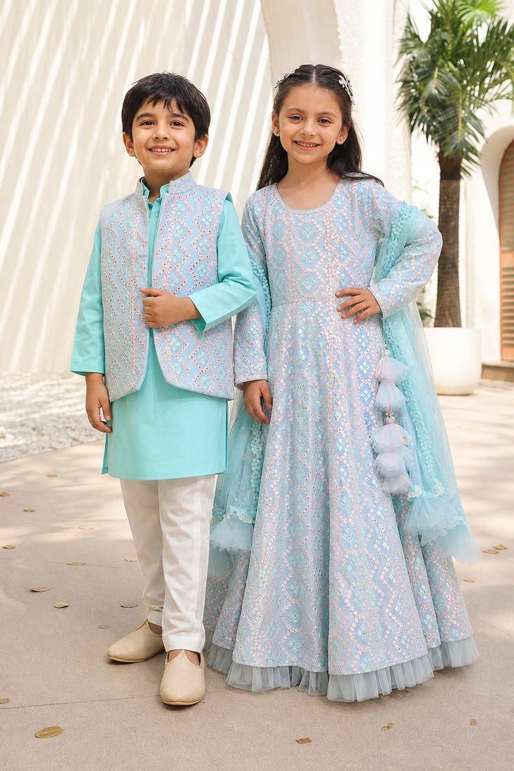 Blue & ice blue mirror work georgette anarkali set & kurta jacket brother sister matching combo