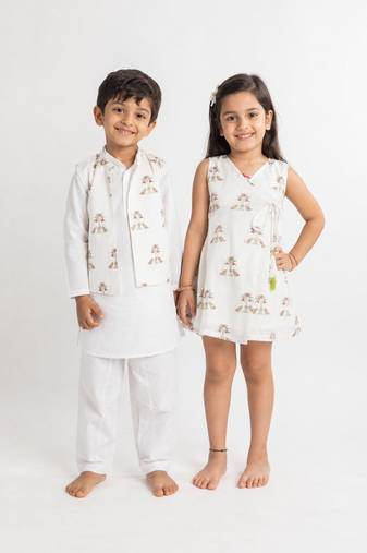 White printed cotton dress & kurta jacket brother sister matching combo