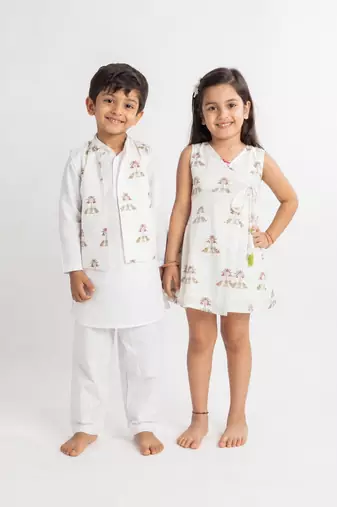 White printed cotton dress & kurta jacket brother sister matching combo