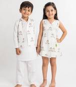 White printed cotton dress & kurta jacket brother sister matching combo
