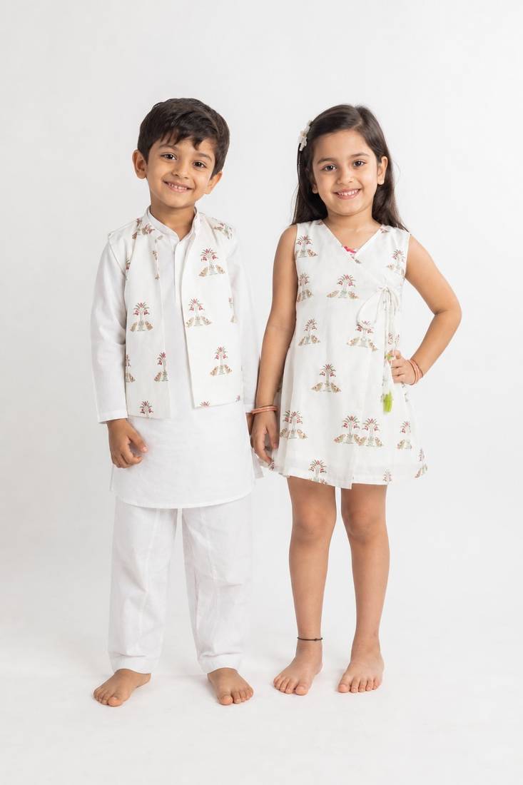 White printed cotton dress & kurta jacket brother sister matching combo