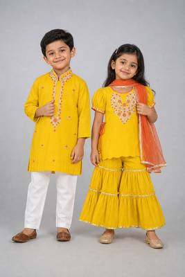 Yellow embroidered silk sharara set & kurta pyjama brother sister matching combo 1
