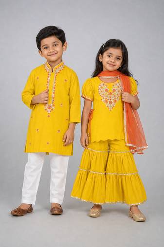 Yellow embroidered silk sharara set & kurta pyjama brother sister matching combo