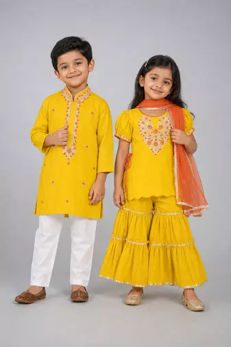 Yellow embroidered silk sharara set & kurta pyjama brother sister matching combo